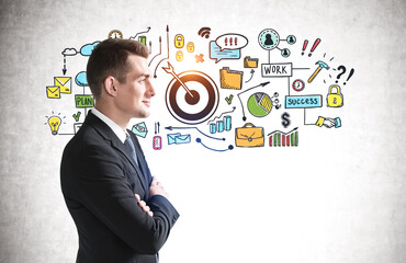 Confident man and business goal sketch