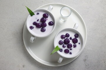 Bubur Biji Salak, Indonesian dessert porridge of sweet potato balls with coconut milk. A popular food for breaking the fast during Ramadan.