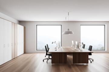 White and wooden open space office interior, side view