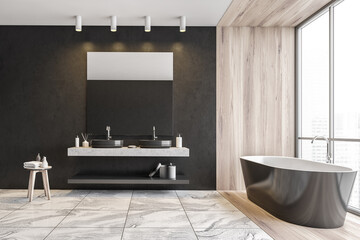 Fototapeta na wymiar Panoramic gray and wooden bathroom with tub and sink