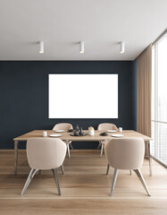 Mockup canvas in room with chairs and table near window, blue and wooden design