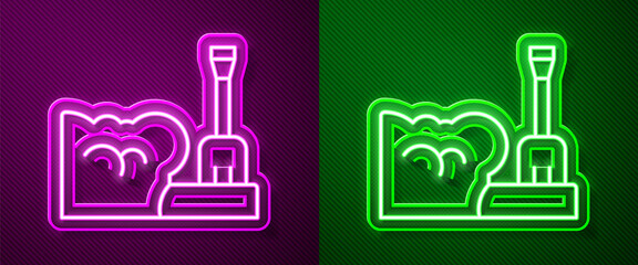 Glowing neon line Shovel in snowdrift icon isolated on purple and green background. Vector.