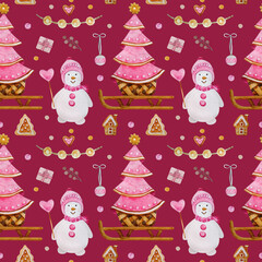 Watercolor seamless Christmas pattern with Christmas toys, gifts, sweets and decorations