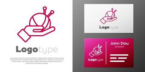 Obraz premium Logotype line Yarn ball with knitting needles icon isolated on white background. Label for hand made, knitting or tailor shop. Logo design template element. Vector.