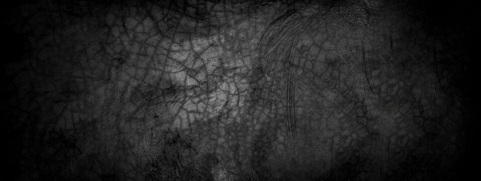 Old wall texture cement dark black gray panorama background abstract grey color design are light with white gradient background.