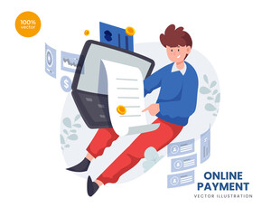 Payment online vector Illustration idea concept for landing page template, money transfer, shopping on the internet with card. Digital e-commerce market shopping, computer screen customer. Flat Style