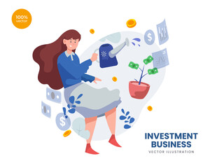 Investment Vector Illustration idea concept for landing page template, deposit profit and wealth growing business, person cultivate money to returns on investment, increase inome dollar. Flat style
