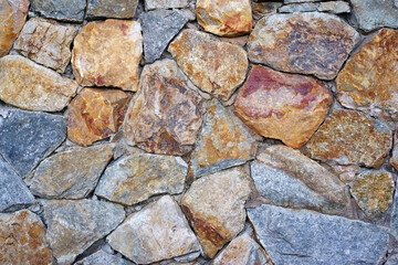 modern old hard stone stack or rock wall and vintage brown gray granite floor or black yellow jigsaw on top view for strong background or texture backdrop and wallpaper with architecture construction