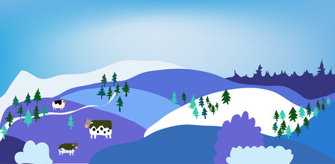 Winter landscape with rural scene and cows for Christmas banner, vector illustration - 396074399