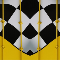 3D illustration of chequered flag winning icon on bright yellow background patterns and designs