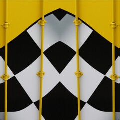 3D illustration of chequered flag winning icon on bright yellow background patterns and designs