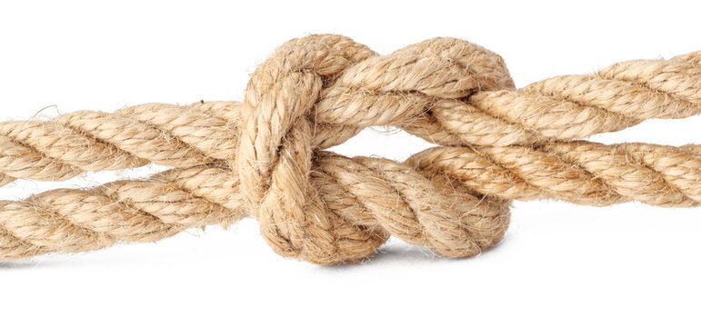 A square knot of hemp rope on a pastel white background.
