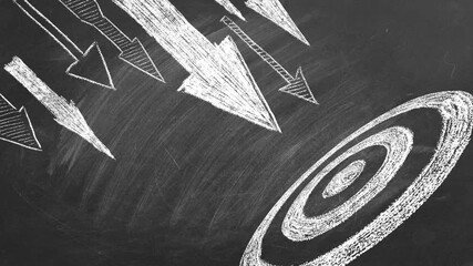 Many different arrows and target drawn in chalk on a blackboard. Concept of competition, strategy