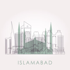 Fototapeta premium Outline Islamabad skyline with landmarks. Vector illustration. Business travel and tourism concept with historic buildings.