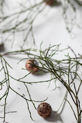 
Green branches lie on a white background. And there are candles and lanterns nearby