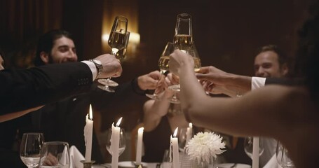 Group of people toasting drinks at a gala party. Multiracial friends enjoying new years party with drinks.

