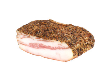 Guanciale, dry cured pork cheek isolated on white background