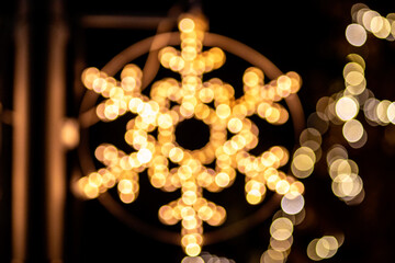 Naturally blurred and grained snowflake street ornament bokeh lights
