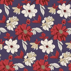 Foto op Plexiglas anti-reflex Vector illustration - burgundy, red, beige flowers, leaves and buds on a dark purple background. Seamless pattern for textile, decor, fabric, greeting cards, paper, etc. © Siawi_art