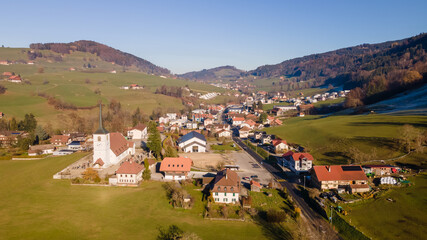 Fototapeta na wymiar Swiss village in the Gruyere region, Switzerland. 