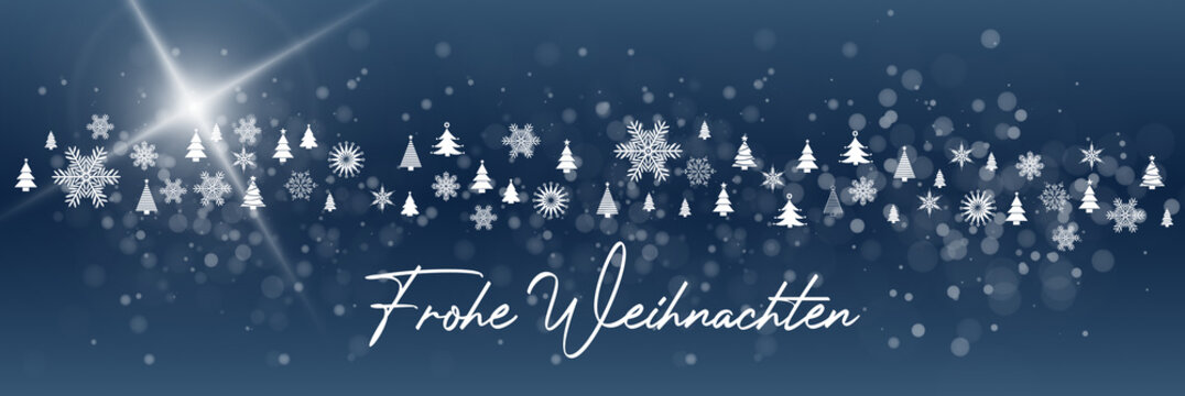 Schöne Weihnachtskarte mit verschiedenen Symbolen wie Tannenbaum oder Schneeflocken und dem Gruß Frohe Weihnachten