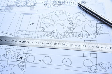 Landscape architect project development. Landscape design or architecture planning. Landscape or garden sketch draws