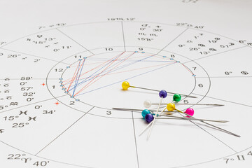 Workplace of a modern astrologer. Scattered on the table are printouts of astrological charts, tables. Decorative pins with brightly colored heads.
