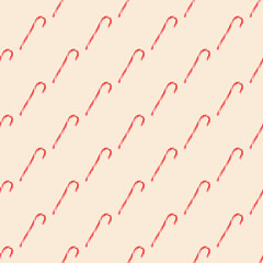 Red striped candy canes of Santa are stacked in the shape of a heart seamless pattern, ornament. Christmas, new year, Valentine's day, winter holiday atmosphere for lovers and loved ones