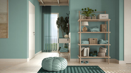 Cosy wooden peaceful bathroom in turquoise tones, ceramic tiles floor, carpet, round poufs, shelves and sink. Window with tree and curtain, spa, hotel suite, modern interior design