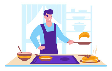 A young man cooking pancakes against the background of the kitchen interior . Vector illustration. Flat style.