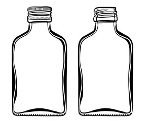 Two blank glass russian vodka bottles one with a cap another one is open 