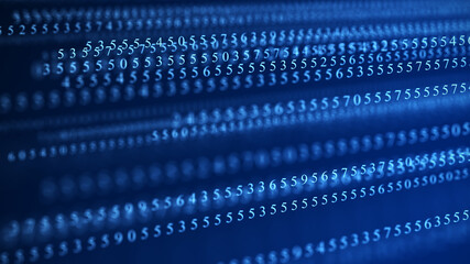 Fototapeta premium Blue matrix background. Technology stream binary code. Falling numbers on screen. Programming, coding, hacking and encryption. 3d rendering.
