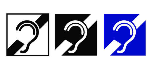 Limited hearing. Deafness symbol and audible sign. Hearing impaired, loss impairment logo. Vector ear pictogram signs. Universal access icon, hard of hearing icons. Assistive listening systems symbols