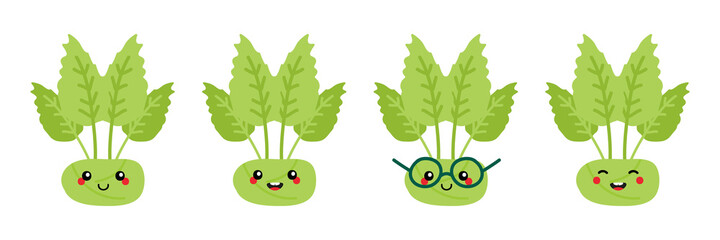 Set, collection of cute and smiling cartoon green kohlrabi characters for food design.