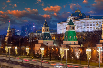 Roads of Moscow. New year in Russia. Road next to large Kremlin palace. Automobile road near...