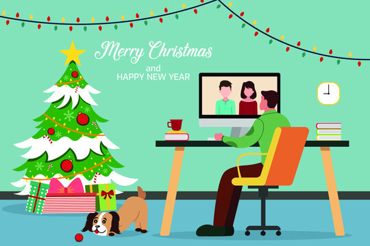 Christmas and New Year during corona virus .Christmas celebrating in home.Merry and safe Vector illustration