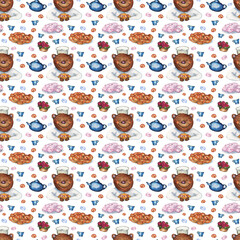 Seamless pattern with watercolor bear and sweets