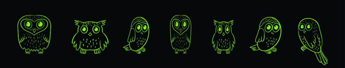 set of owl cartoon icon design template with various models. vector illustration isolated on black background