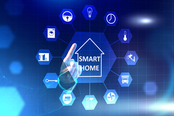 Person controls the smart home. Man's hand next to smart home logo He controls smart home using menu. Electronics control panel on a virtual screen.Panel for control IOT house. Blue background.