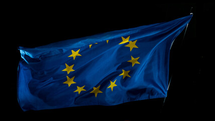 European Union Flag Waving on Pure Black Background