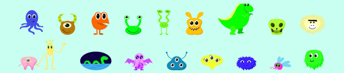set of monster cartoon icon design template with various models. vector illustration isolated on blue background