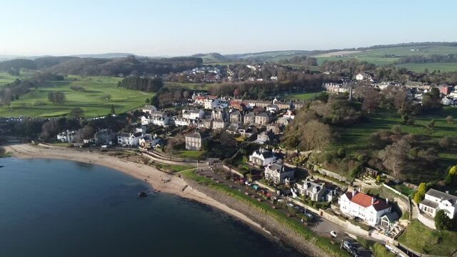 Black Sands beach in Aberdour village, Aerial view, Fife, Scotland
