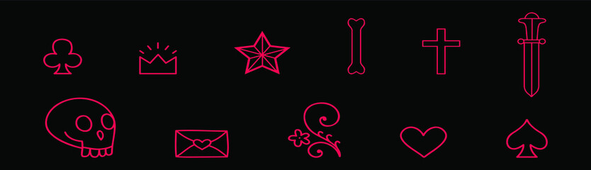 set of old school tattoo cartoon icon design template with various models. vector illustration isolated on black background