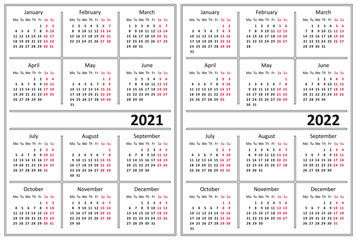Template of a calendar of white color. A calendar for 2021 and 2022. Week starts on Monday. 