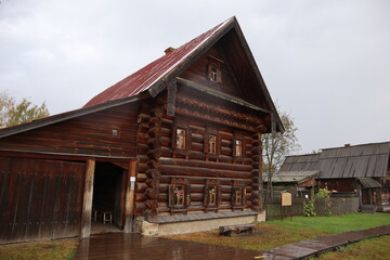 View of the village, old wooden house, architecture and history, culture and construction technology. Travel and sightseeing arrangements.