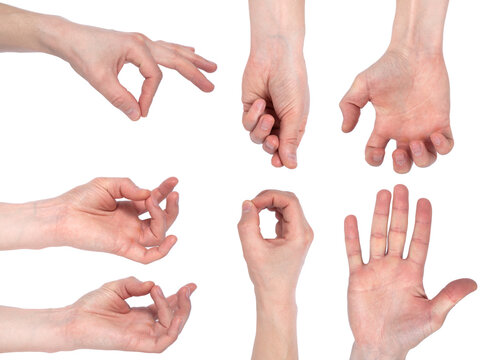 Empty male hand making gesture like holding something isolated on white background. Set of multiple images