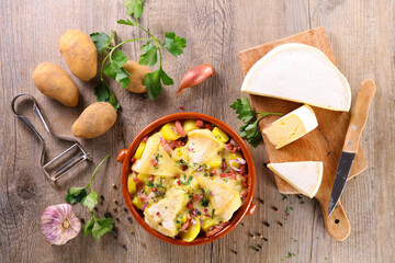 tartiflette,  baked potato,  bacon and cheese