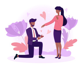Black male character is proposing. Man asking women to marry standing on knee. Concept of love relationship marriage and family. Flat cartoon vector illustration