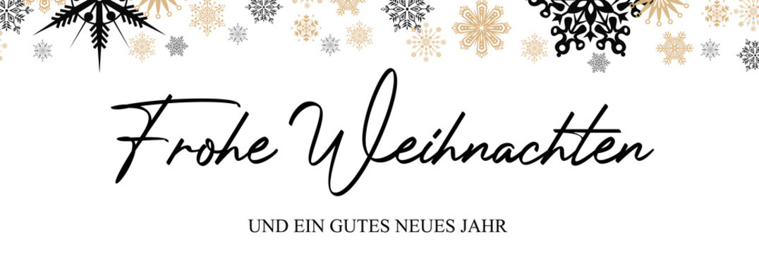 Weihnachts Karte mit Frohe Weihnachten und ein gutes neues Jahr mit verschiedenen Symbolen von Weihnachtssternen in silber gold und weiss