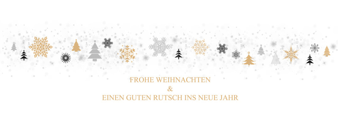 Weihnachtskarte mit weihnachtlichen Symbolen wie Tannenbaum, Sterne, Schnee